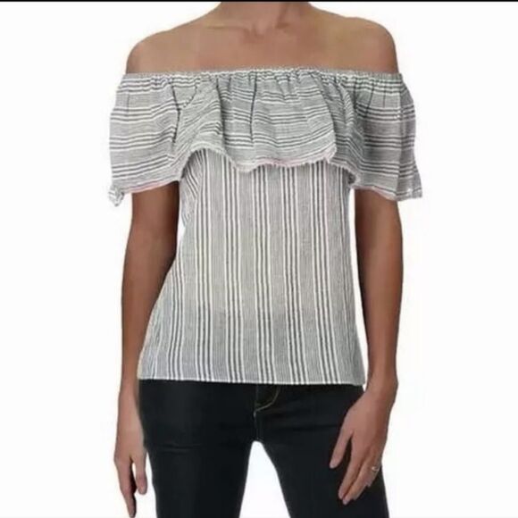 Bailey 44 Babydoll Blouse Gray  Ruffle Off-Shoulder Summer Stripe. Size M - Picture 5 of 10